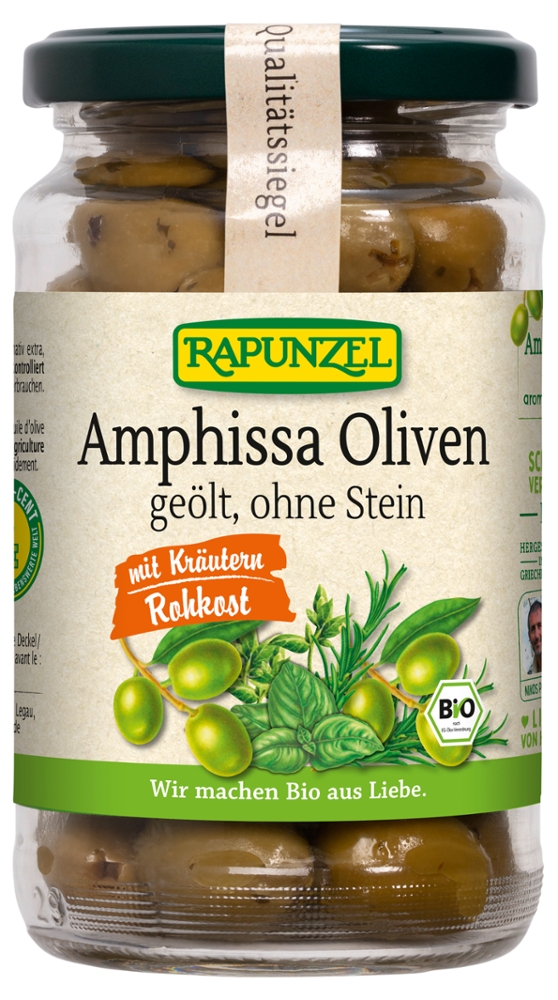 Oliven Amphissa mit Kräutern, ohne Stein geölt