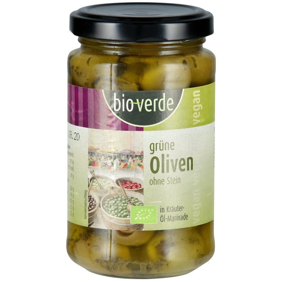 Grüne Oliven ohne Stein mit frischen Kräutern in Öl-Marinade 
