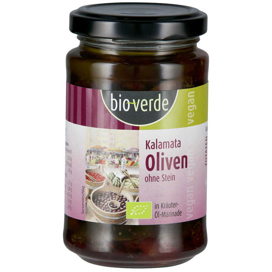 Schwarze Kalamata-Oliven ohne Stein mit frischen Kräutern in Öl-Marinade 
