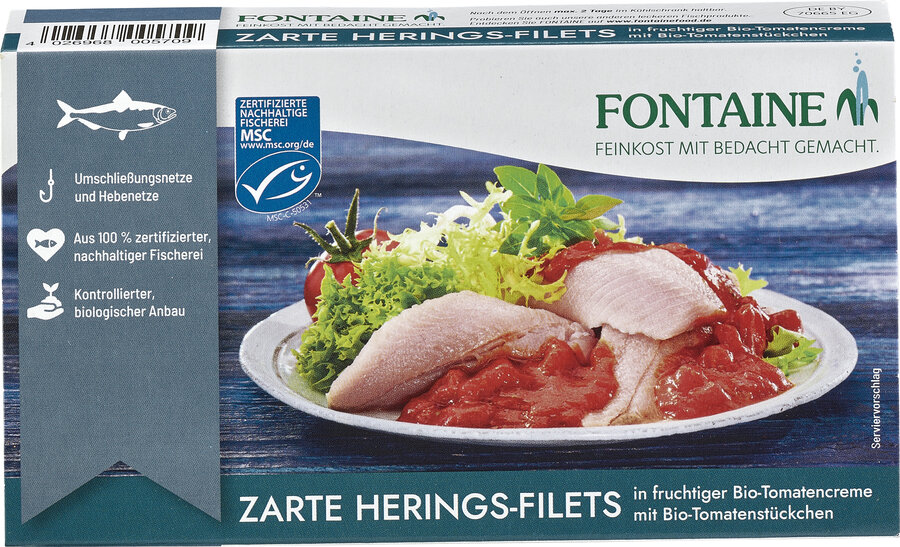 Zarte Heringsfilets in Bio-Tomatensauce mit Tomatenstückchen