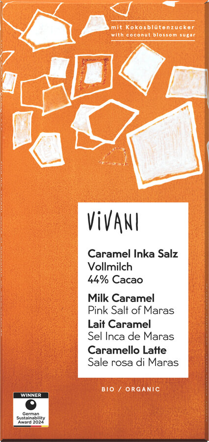 Caramel Inka Salz Vollmilchschokolade m. 44% Cacao und Kokosblütenzucker