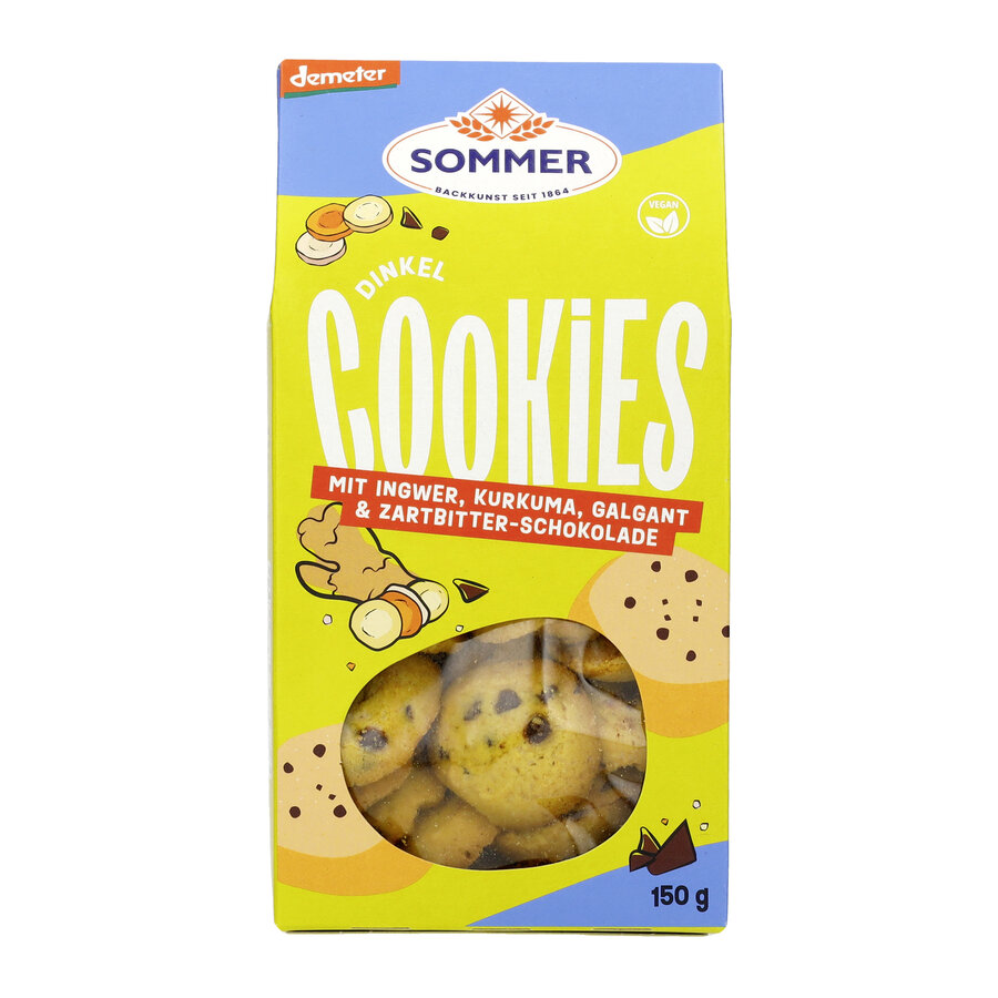 Demeter Dinkel Cookies mit Ingwer, Kurkuma, Galgant & Zartbitter-Schokolade
