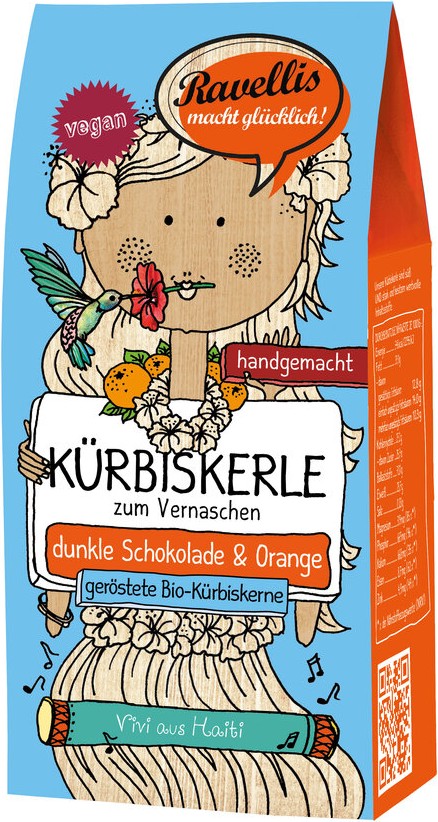 "VIVI AUS HAITI" Geröstete Bio-Kürbiskerne veredelt mit dunkler Schokolade & Ora