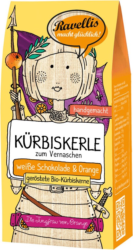 "DIE JUNGFRAU VON ORANGE" Geröstete Bio-Kürbiskerne veredelt mit weißer Schokola