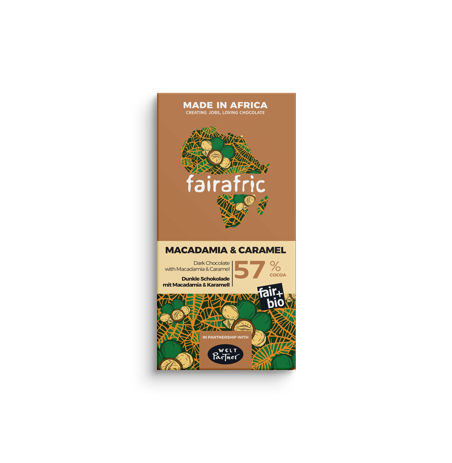 Bio-Zartbitterschokolade mit Caramel und Macadamia