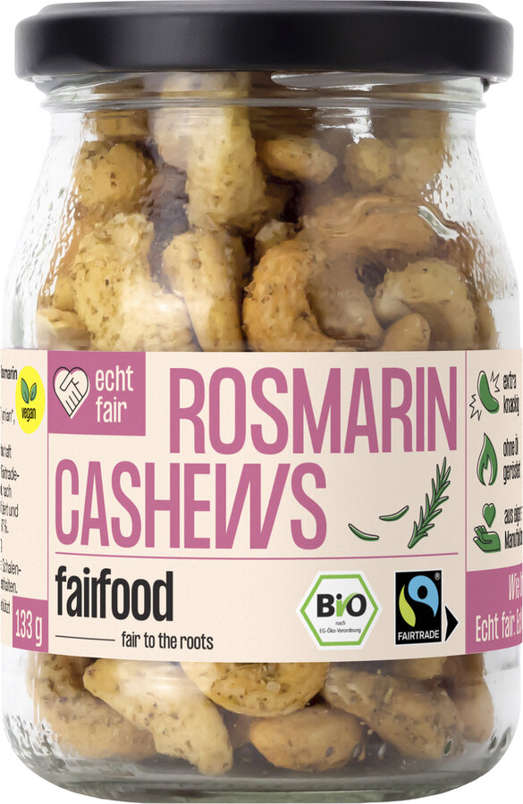Faire Cashews mit Rosmarin geröstet (133g, Pfandglas klein, & Fairtrade)