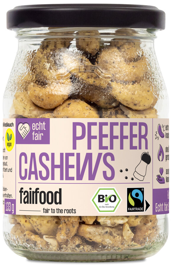Faire Cashews mit Pfeffer geröstet (133g, Pfandglas klein, & Fairtrade)
