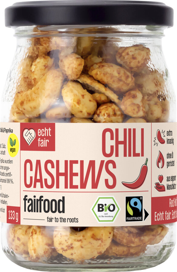 Faire Cashews mit Chili geröstet (133g, Fairtrade, Pfandglas klein)