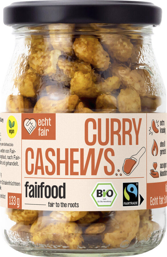Faire Cashews mit Curry geröstet (133g, Fairtrade, Pfandglas klein)