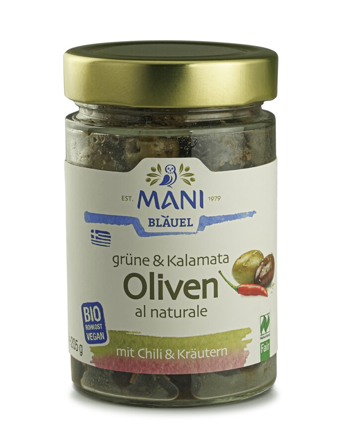 Grüne & Kalamata Oliven al naturale, Chili & Kräutern, NL Fair