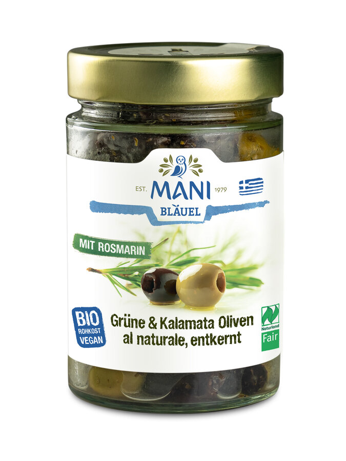 Grüne & Kalamata Oliven al naturale mit Rosmarin, entkernt, NL Fair