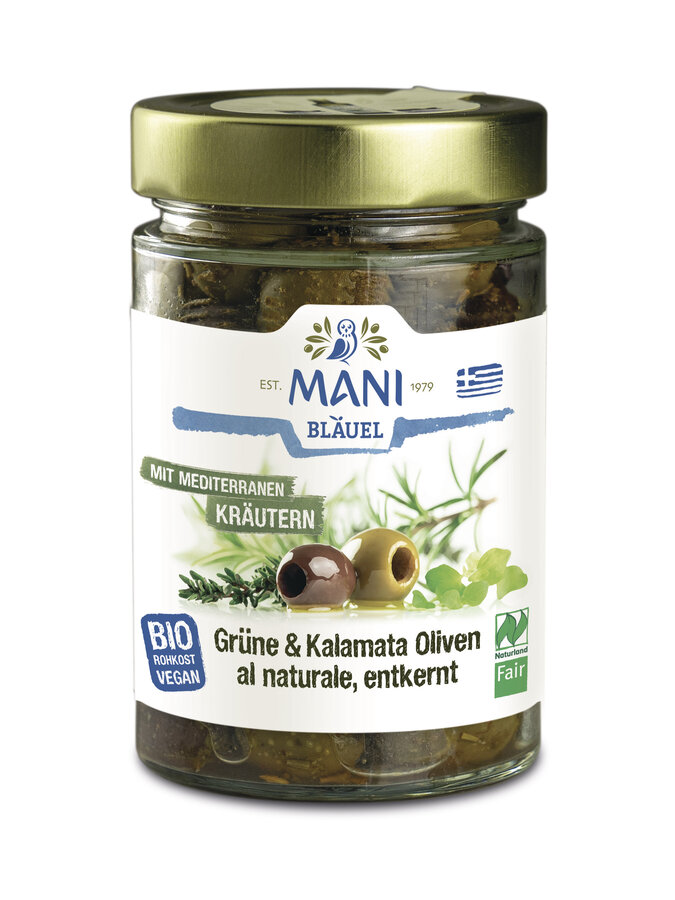 Grüne & Kalamata Oliven al naturale Mediter. Kräutern, entk., NL Fair