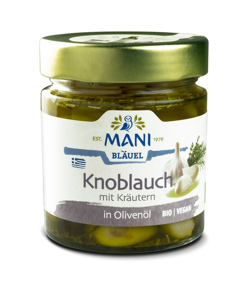 Knoblauch in Olivenöl mit Kräutern,  Glas