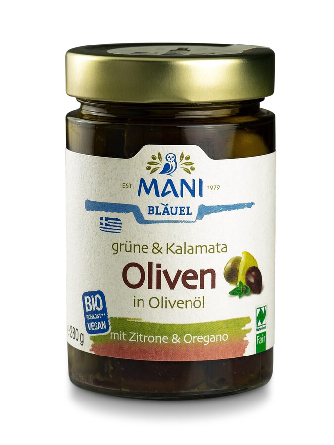 Grüne & Kalamata Oliven in Olivenöl, NL Fair