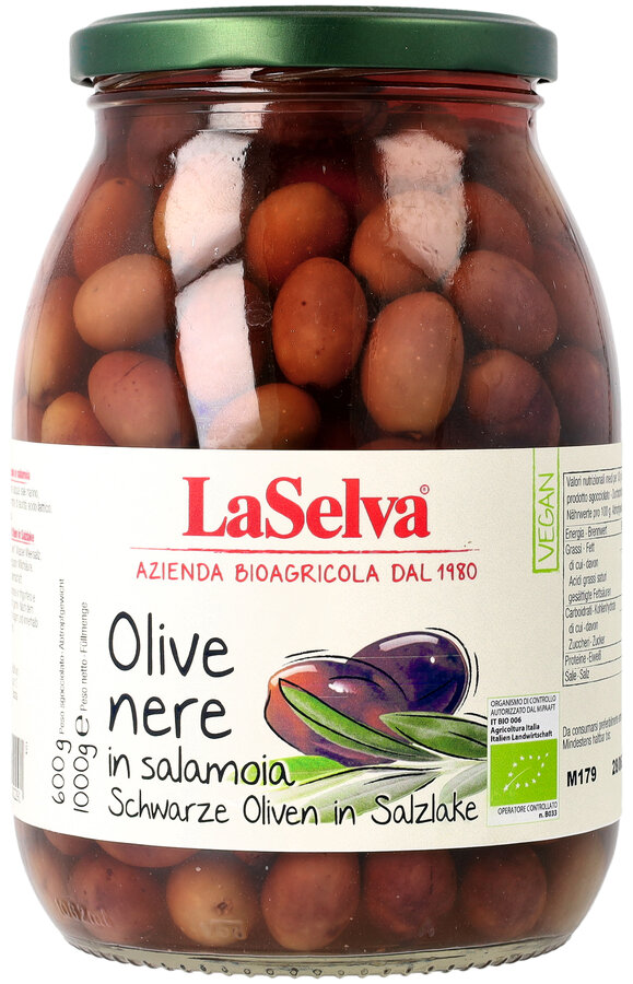 Schwarze Oliven in Salzlake