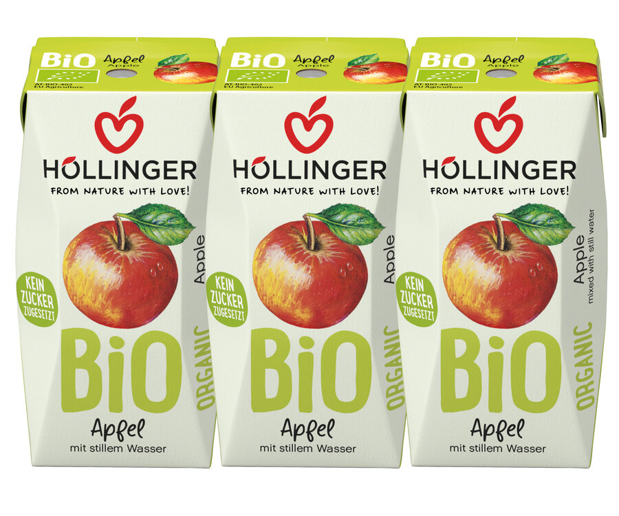 Apfeldirektsaft 3*200ml mit stillem Wasser. Fruchtsaftgehalt mind. 60%.